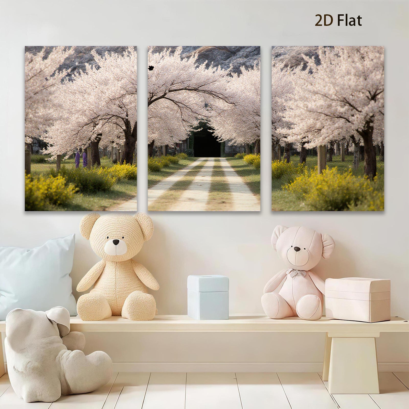 2D flat 1pc Spring blooms line country road floral wall art bedroom living room farmhouse modern gallery wrapped canvas prints