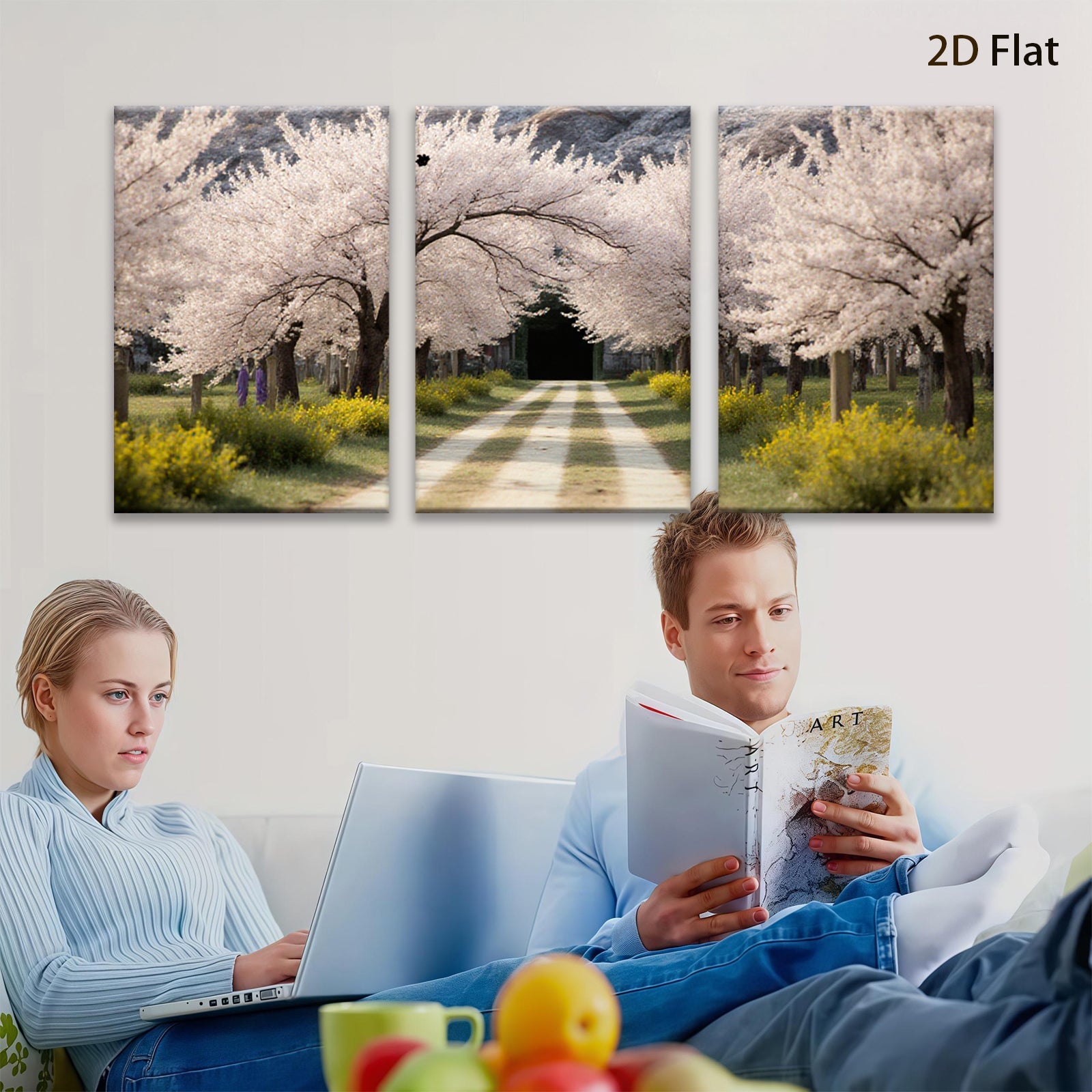 2D flat 1pc Spring blooms line country road floral wall art bedroom living room farmhouse modern gallery wrapped canvas prints