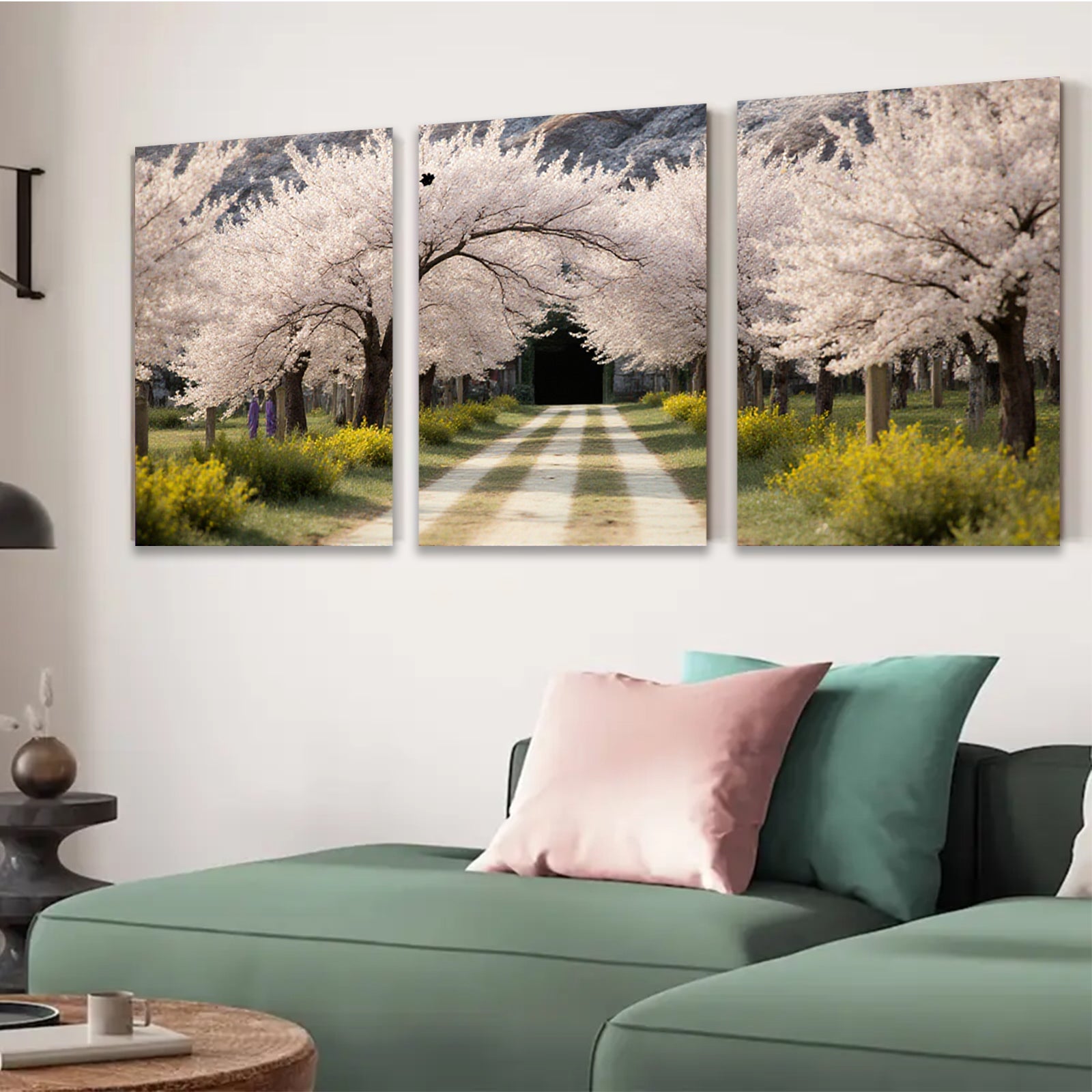 2D flat 1pc Spring blooms line country road floral wall art bedroom living room farmhouse modern gallery wrapped canvas prints