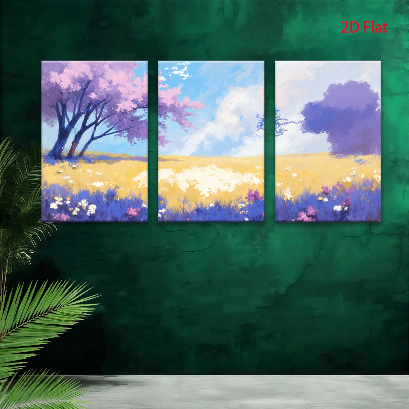 2D flat 1pc Spring wildflower meadow vibrant landscape wall art bedroom living room farmhouse decor gallery wrapped canvas prints modern botanical artwork