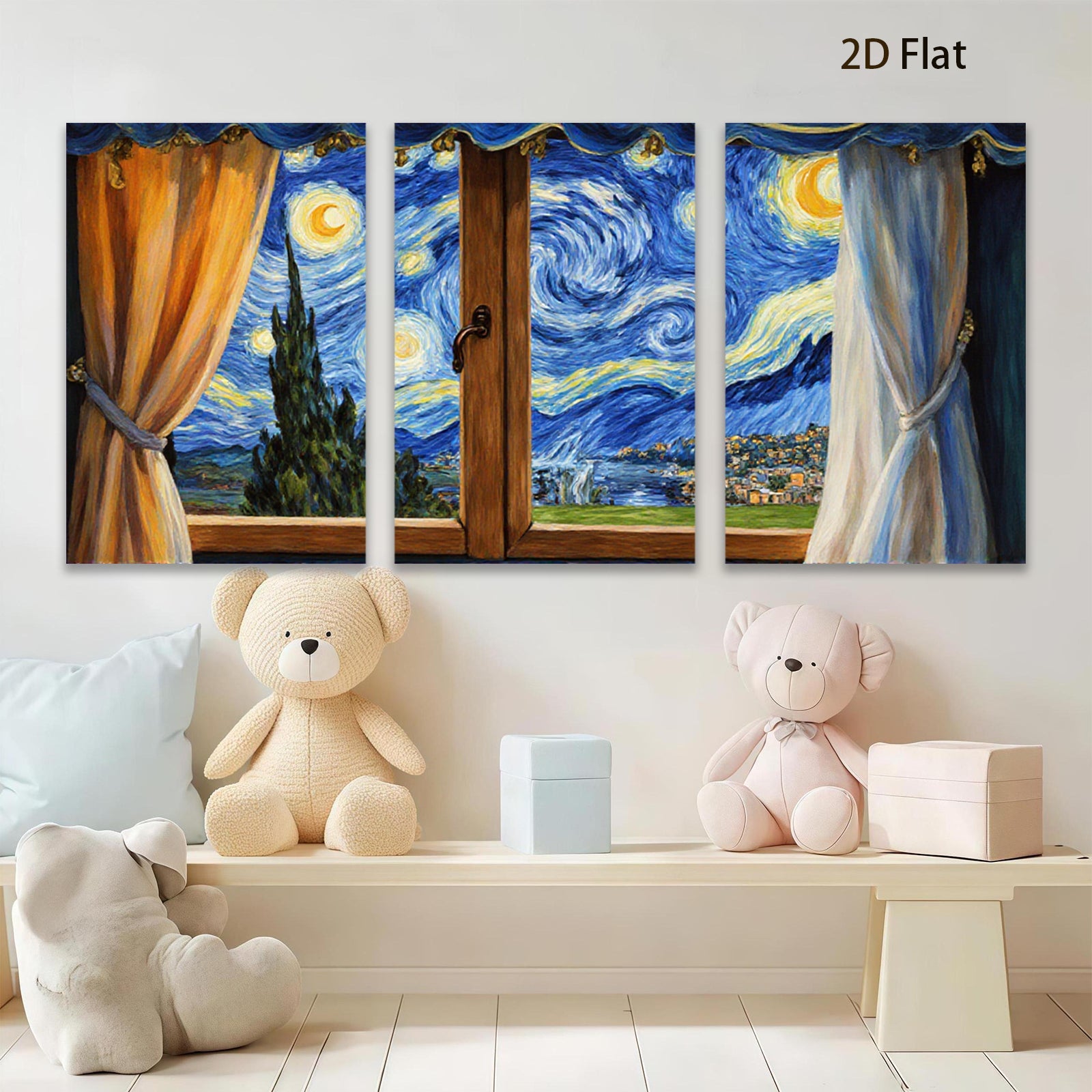 2D flat 1pc Starry Night Window View canvas wall art for living room bedroom home decor farmhouse style modern aesthetic gallery wrapped ready to hang