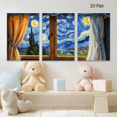 2D flat 1pc Starry Night Window View canvas wall art for living room bedroom home decor farmhouse style modern aesthetic gallery wrapped ready to hang