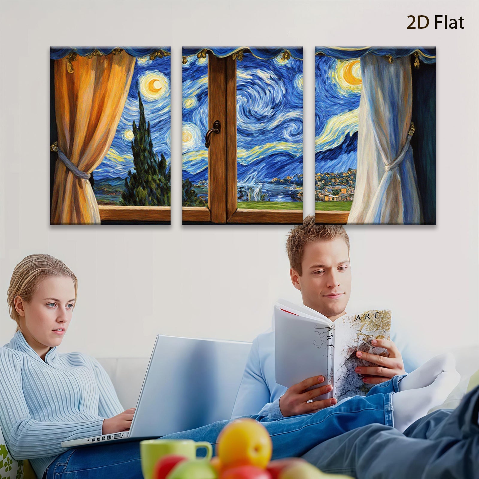 2D flat 1pc Starry Night Window View canvas wall art for living room bedroom home decor farmhouse style modern aesthetic gallery wrapped ready to hang