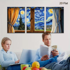 2D flat 1pc Starry Night Window View canvas wall art for living room bedroom home decor farmhouse style modern aesthetic gallery wrapped ready to hang