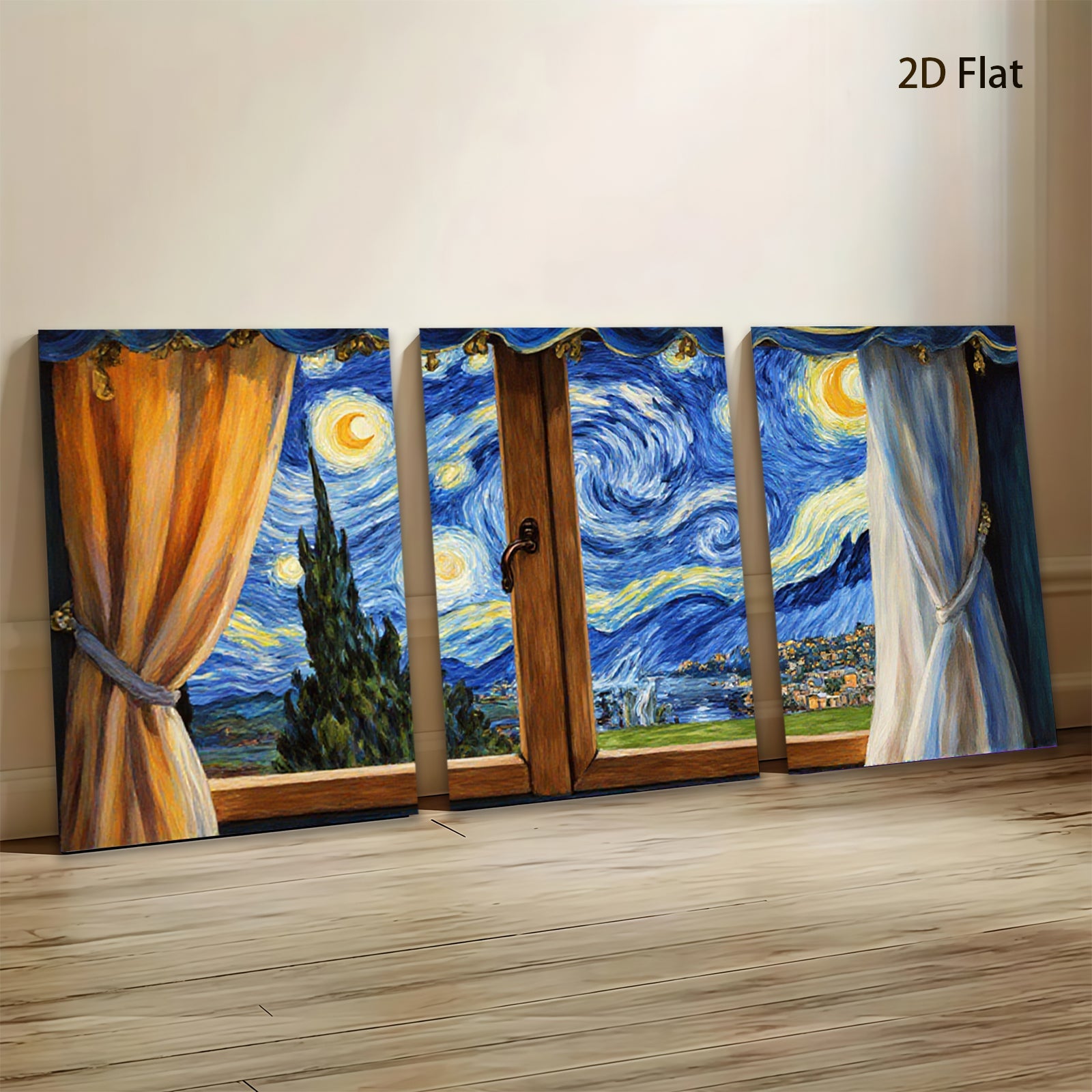 2D flat 1pc Starry Night Window View canvas wall art for living room bedroom home decor farmhouse style modern aesthetic gallery wrapped ready to hang