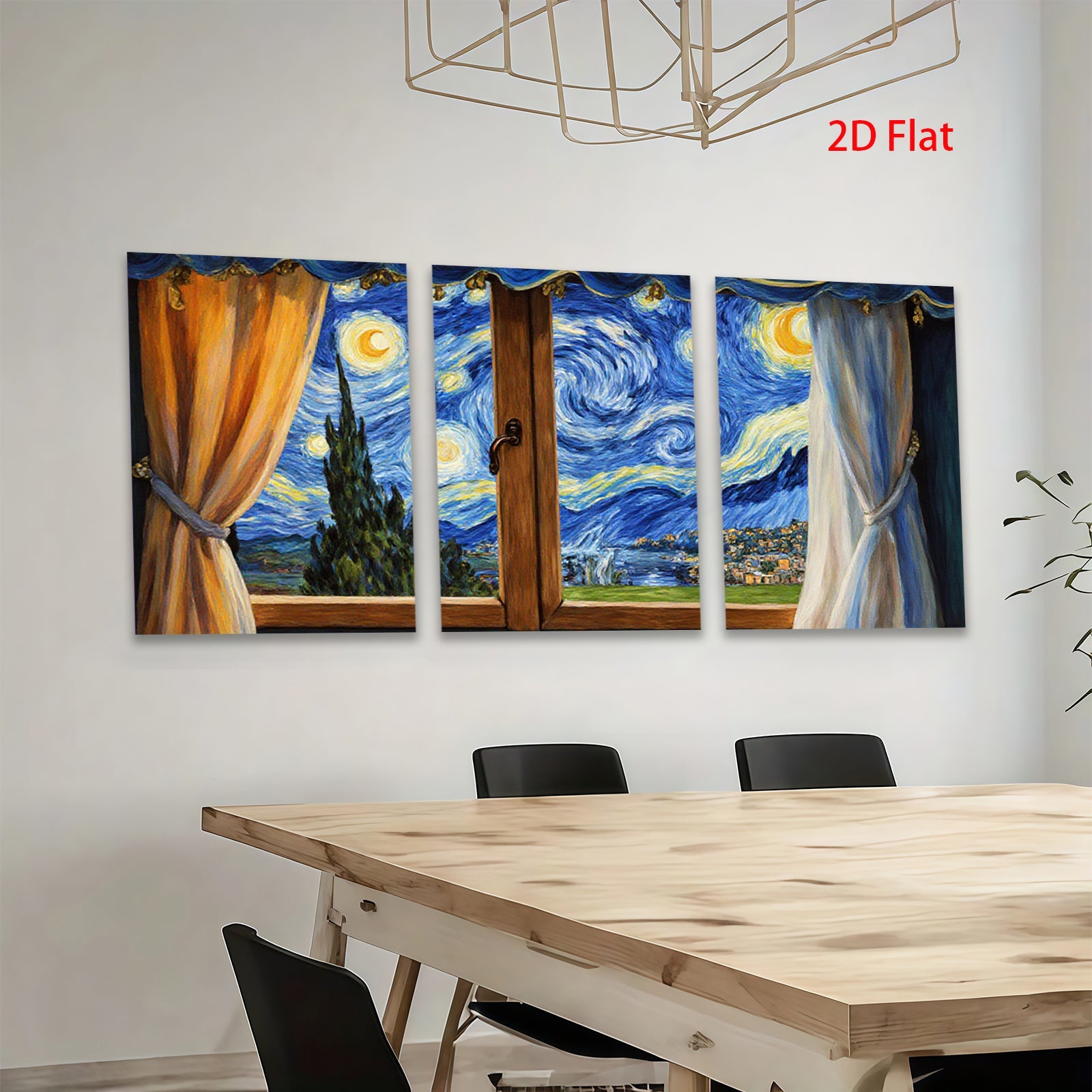 2D flat 1pc Starry Night Window View canvas wall art for living room bedroom home decor farmhouse style modern aesthetic gallery wrapped ready to hang