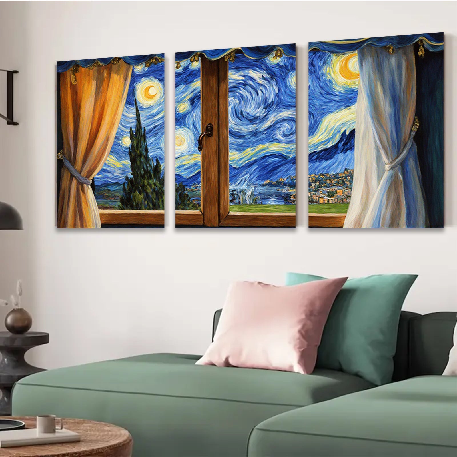 2D flat 1pc Starry Night Window View canvas wall art for living room bedroom home decor farmhouse style modern aesthetic gallery wrapped ready to hang
