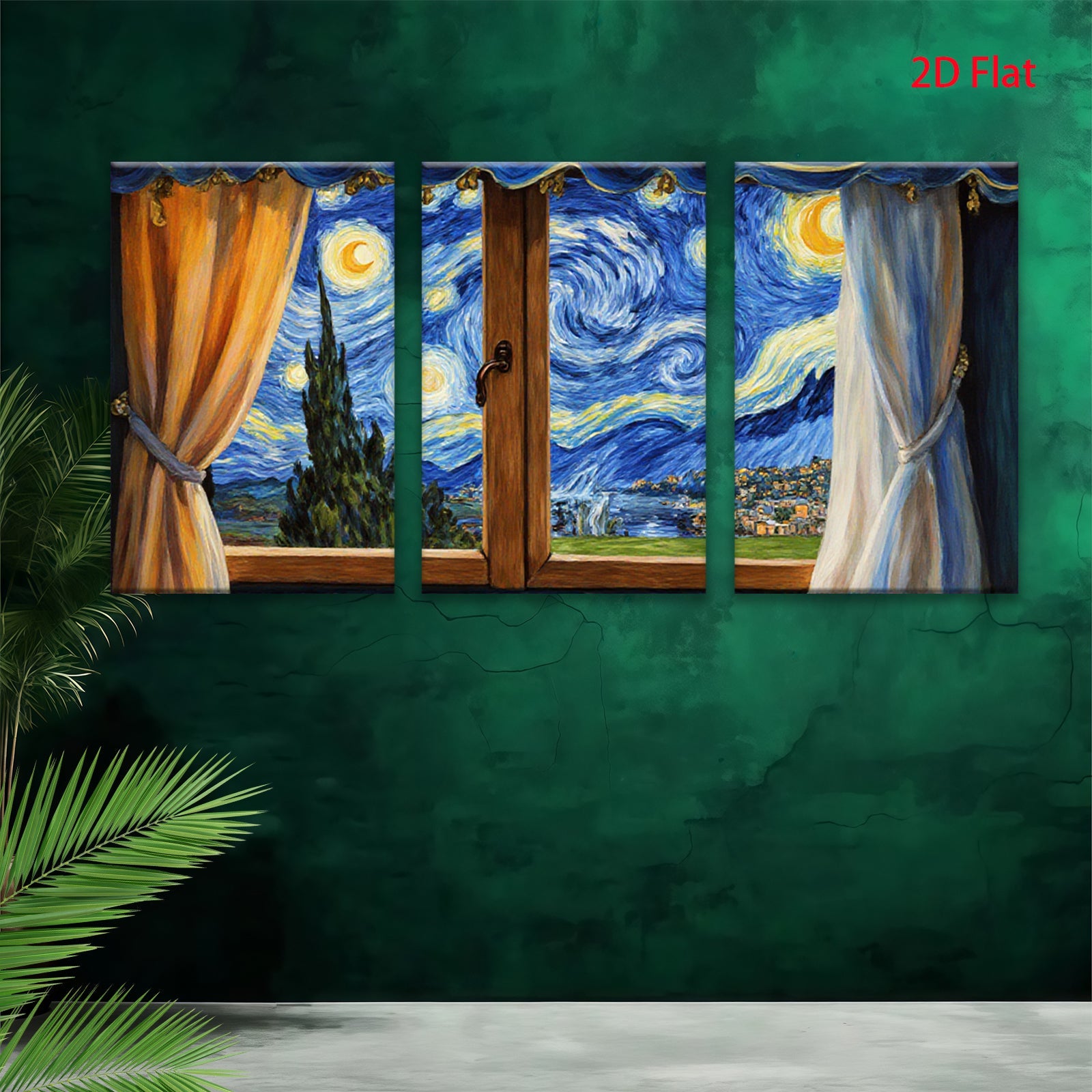 2D flat 1pc Starry Night Window View canvas wall art for living room bedroom home decor farmhouse style modern aesthetic gallery wrapped ready to hang