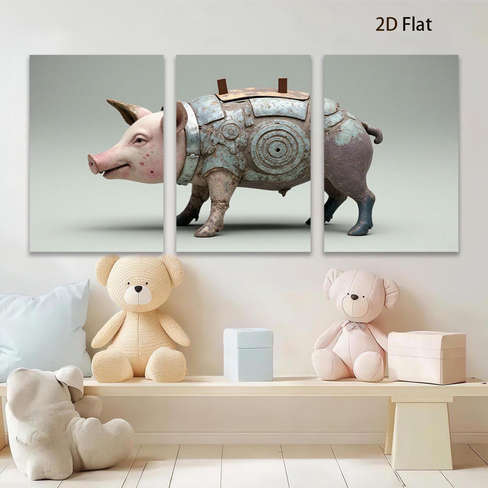 2D flat 1pc Steampunk Pig Robot Farm Animal Wall Art Canvas Print for Living Room Bedroom Home Decor Gallery Wrapped Modern Stylish