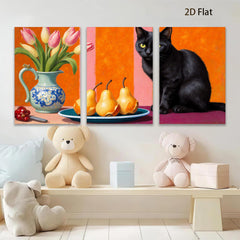 2D flat 1pc Still Life with Black Cat Peaches Tulips Farmhouse Wall Decor Living Room Dining Room Modern Art Canvas Print
