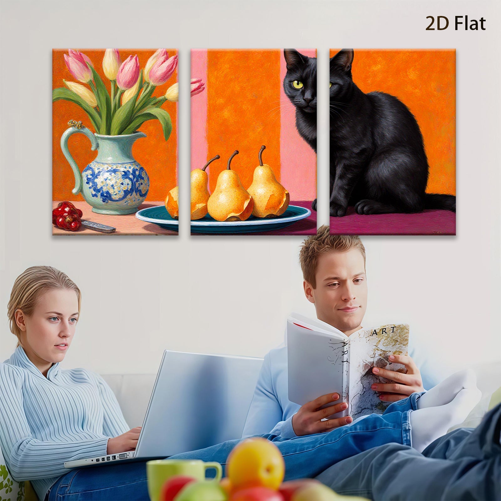 2D flat 1pc Still Life with Black Cat Peaches Tulips Farmhouse Wall Decor Living Room Dining Room Modern Art Canvas Print