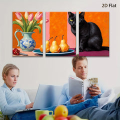 2D flat 1pc Still Life with Black Cat Peaches Tulips Farmhouse Wall Decor Living Room Dining Room Modern Art Canvas Print