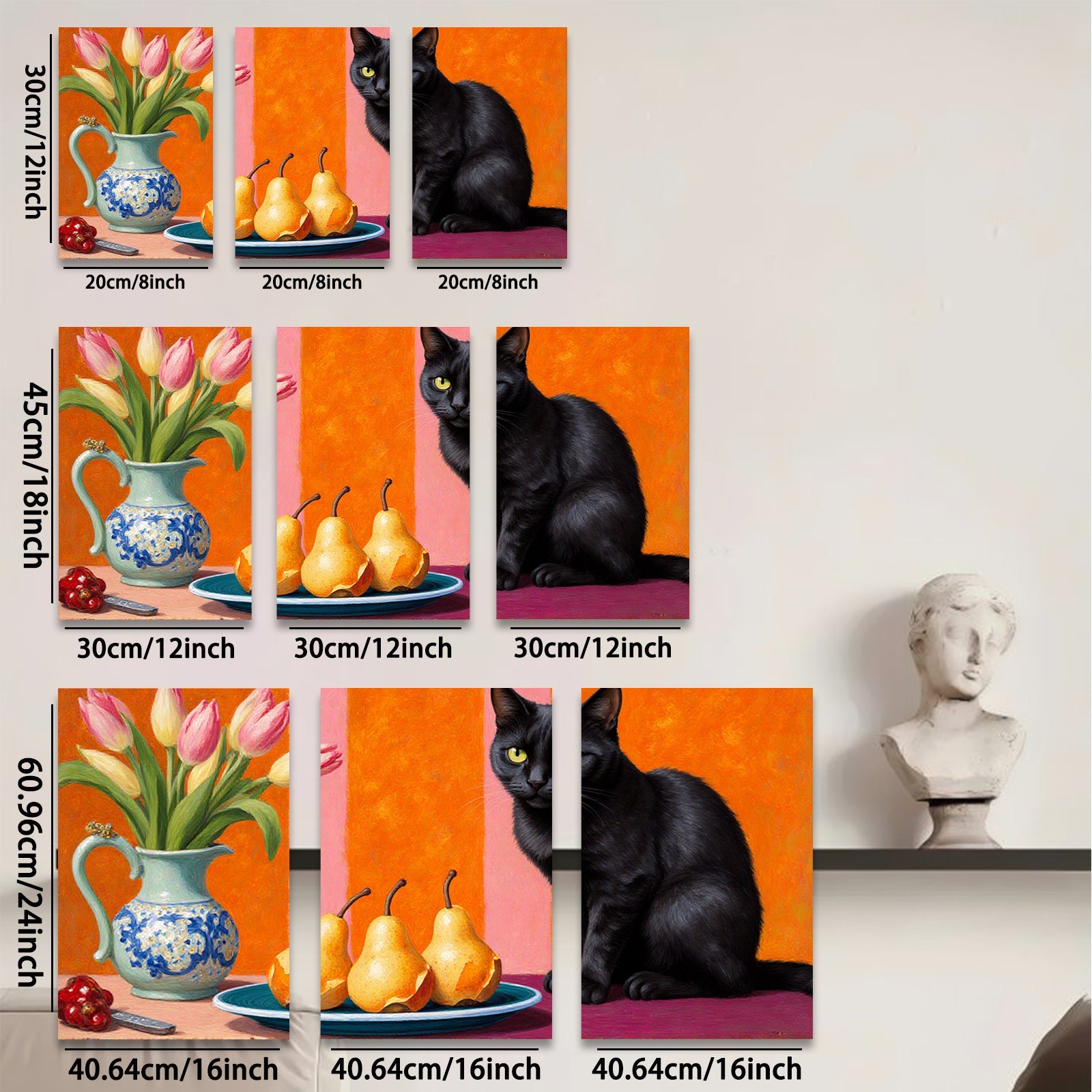 2D flat 1pc Still Life with Black Cat Peaches Tulips Farmhouse Wall Decor Living Room Dining Room Modern Art Canvas Print