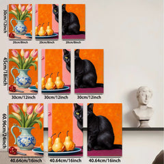 2D flat 1pc Still Life with Black Cat Peaches Tulips Farmhouse Wall Decor Living Room Dining Room Modern Art Canvas Print
