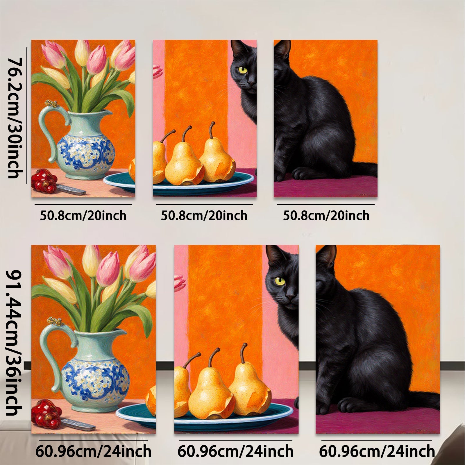 2D flat 1pc Still Life with Black Cat Peaches Tulips Farmhouse Wall Decor Living Room Dining Room Modern Art Canvas Print