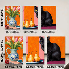 2D flat 1pc Still Life with Black Cat Peaches Tulips Farmhouse Wall Decor Living Room Dining Room Modern Art Canvas Print