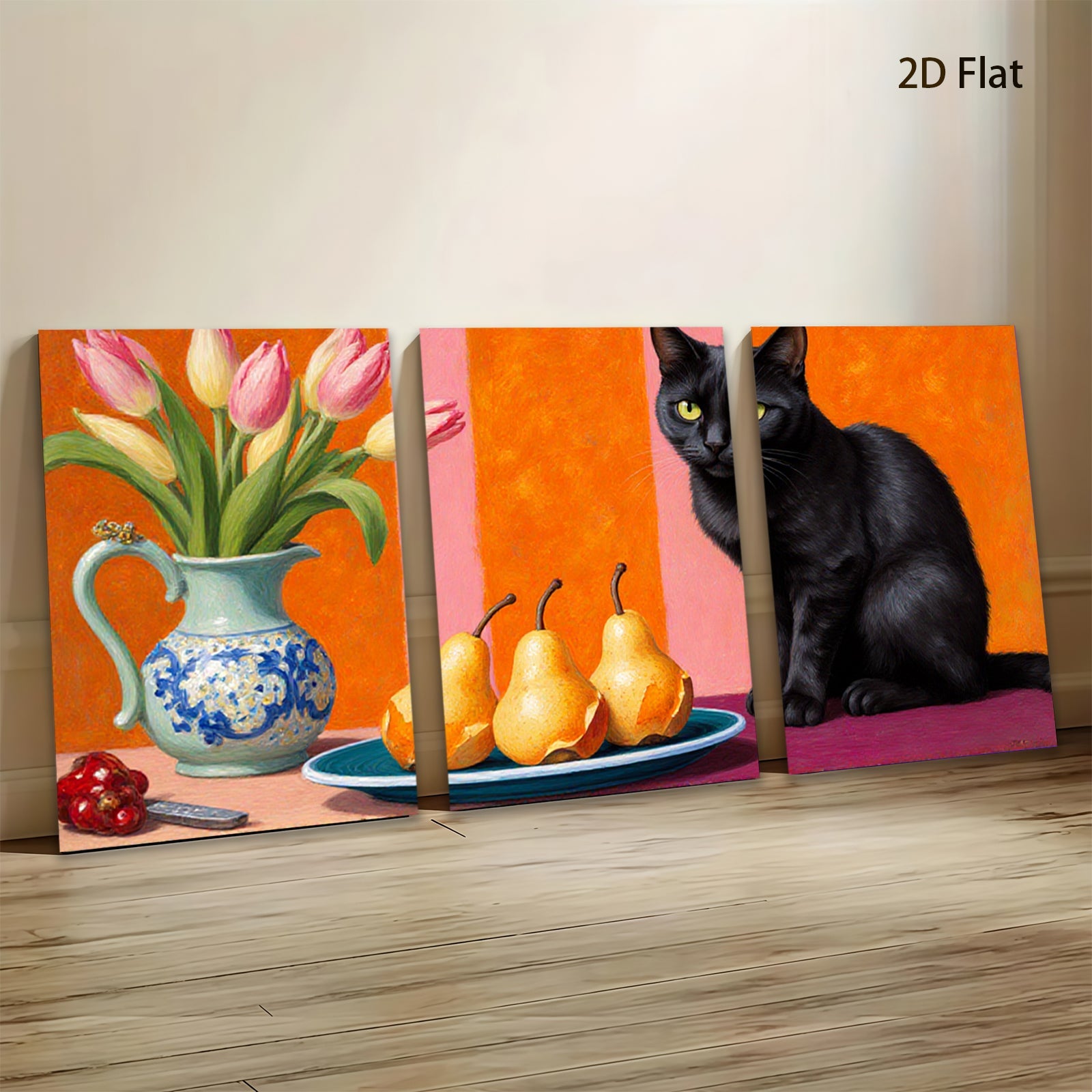 2D flat 1pc Still Life with Black Cat Peaches Tulips Farmhouse Wall Decor Living Room Dining Room Modern Art Canvas Print