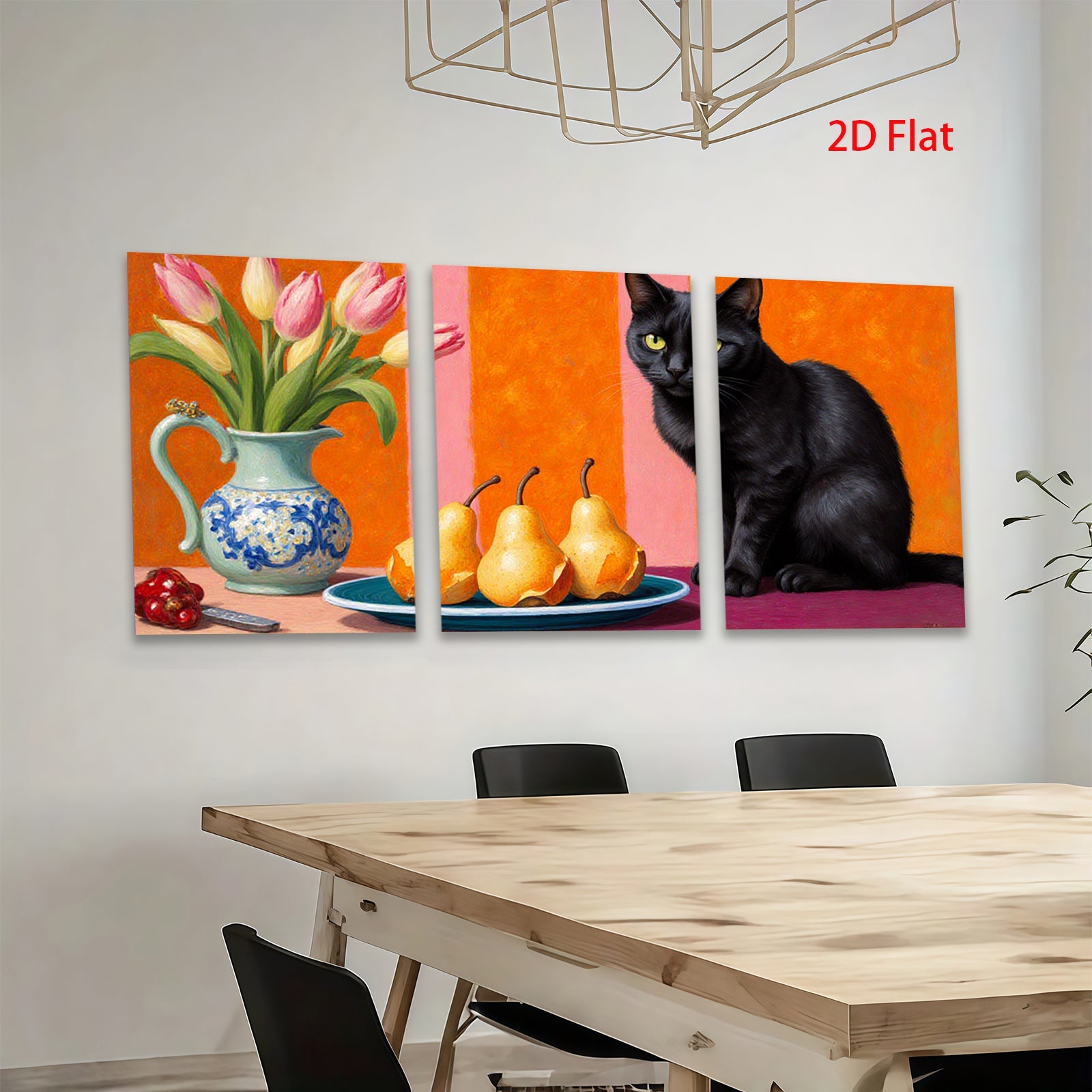 2D flat 1pc Still Life with Black Cat Peaches Tulips Farmhouse Wall Decor Living Room Dining Room Modern Art Canvas Print