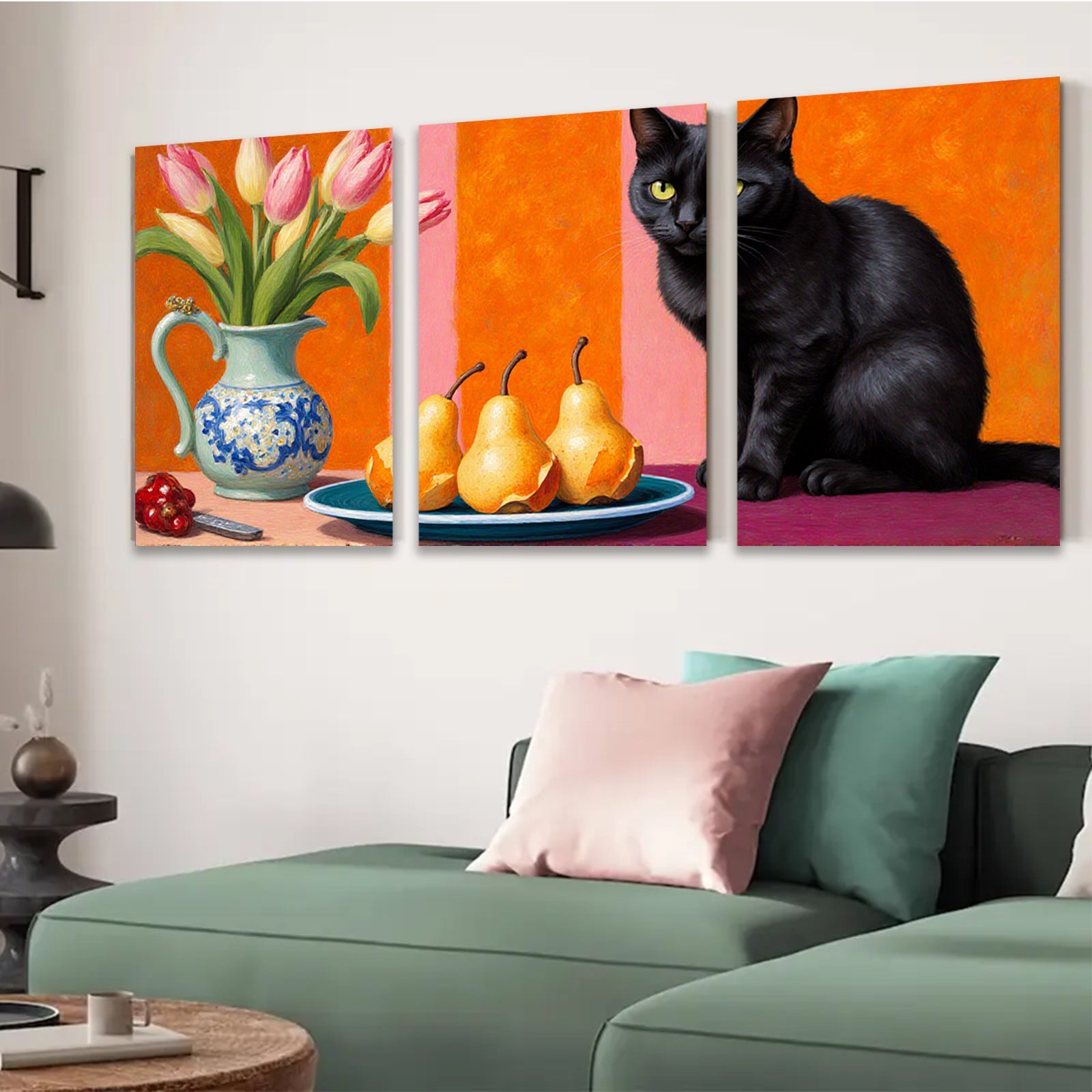2D flat 1pc Still Life with Black Cat Peaches Tulips Farmhouse Wall Decor Living Room Dining Room Modern Art Canvas Print
