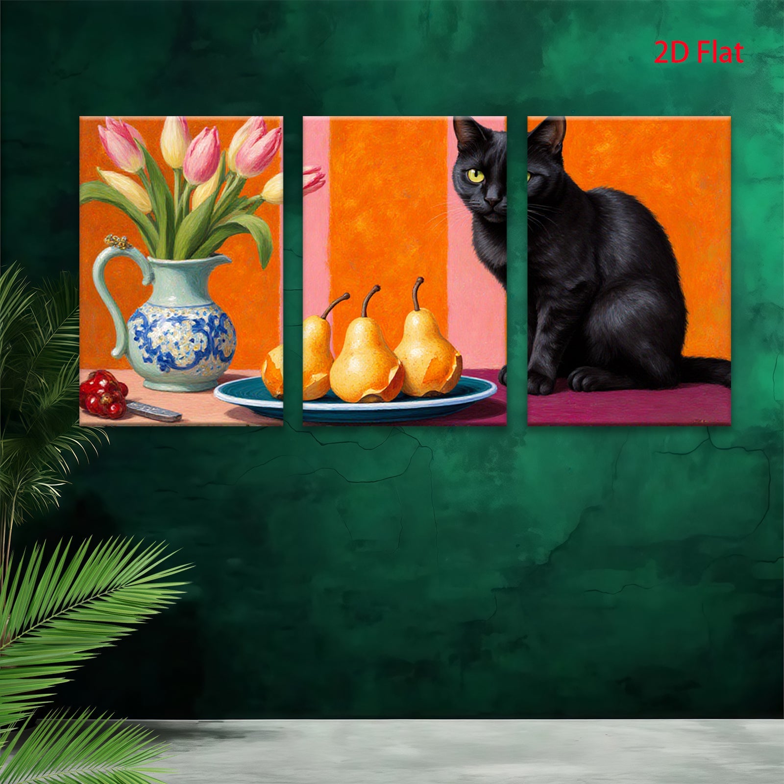 2D flat 1pc Still Life with Black Cat Peaches Tulips Farmhouse Wall Decor Living Room Dining Room Modern Art Canvas Print