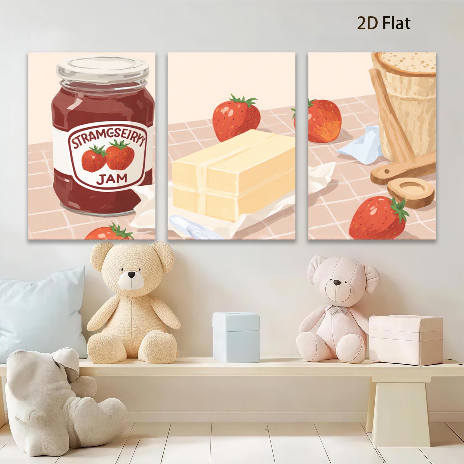 2D flat 1pc Strawberry Jam Kitchen Still Life Wall Art Decor Canvas Print farmhouse style living room bedroom dining room gallery wrapped modern minimalist