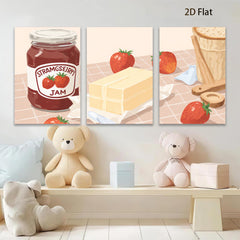 2D flat 1pc Strawberry Jam Kitchen Still Life Wall Art Decor Canvas Print farmhouse style living room bedroom dining room gallery wrapped modern minimalist