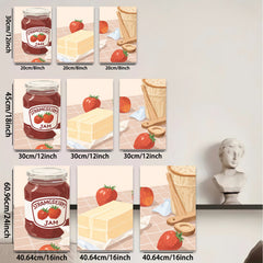 2D flat 1pc Strawberry Jam Kitchen Still Life Wall Art Decor Canvas Print farmhouse style living room bedroom dining room gallery wrapped modern minimalist