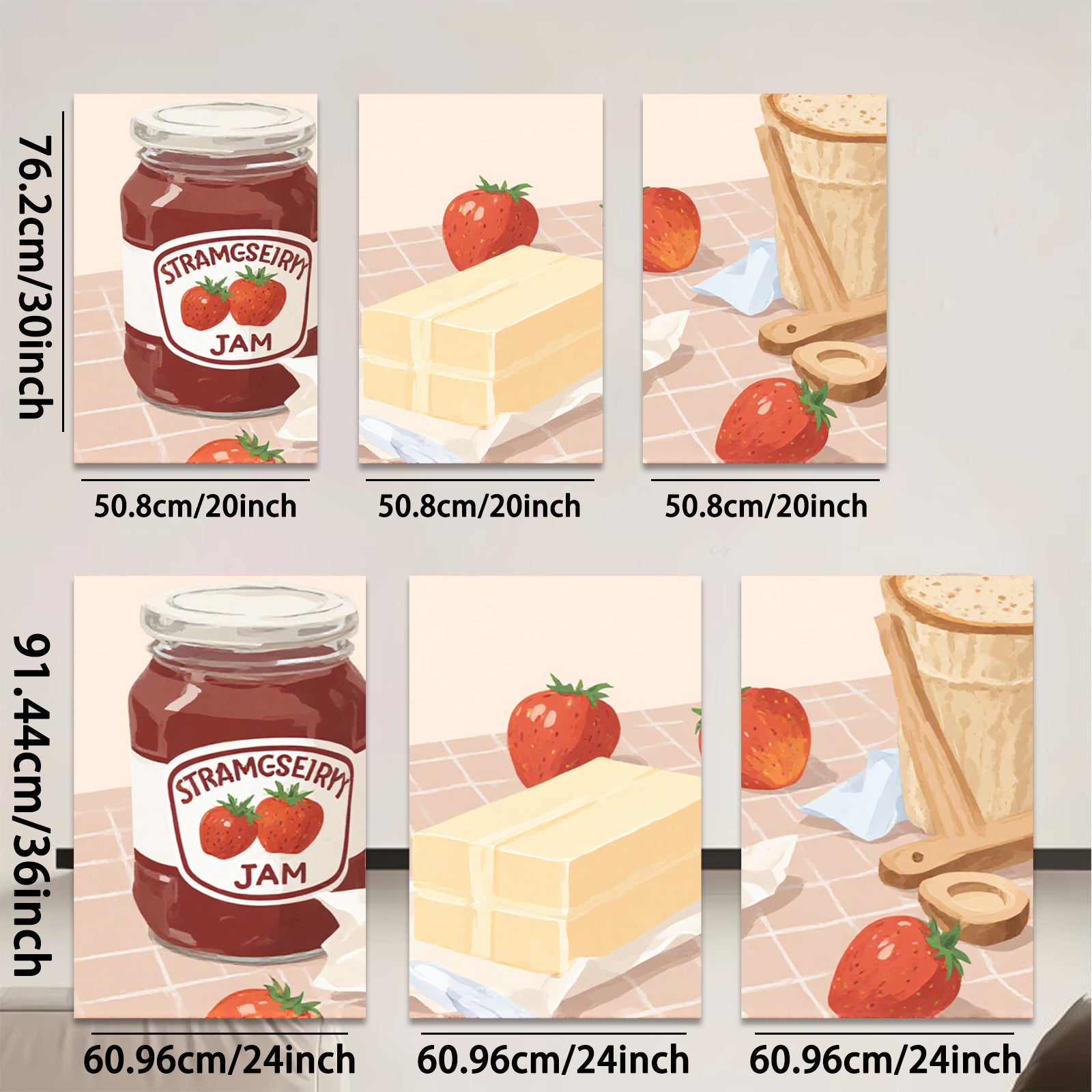 2D flat 1pc Strawberry Jam Kitchen Still Life Wall Art Decor Canvas Print farmhouse style living room bedroom dining room gallery wrapped modern minimalist