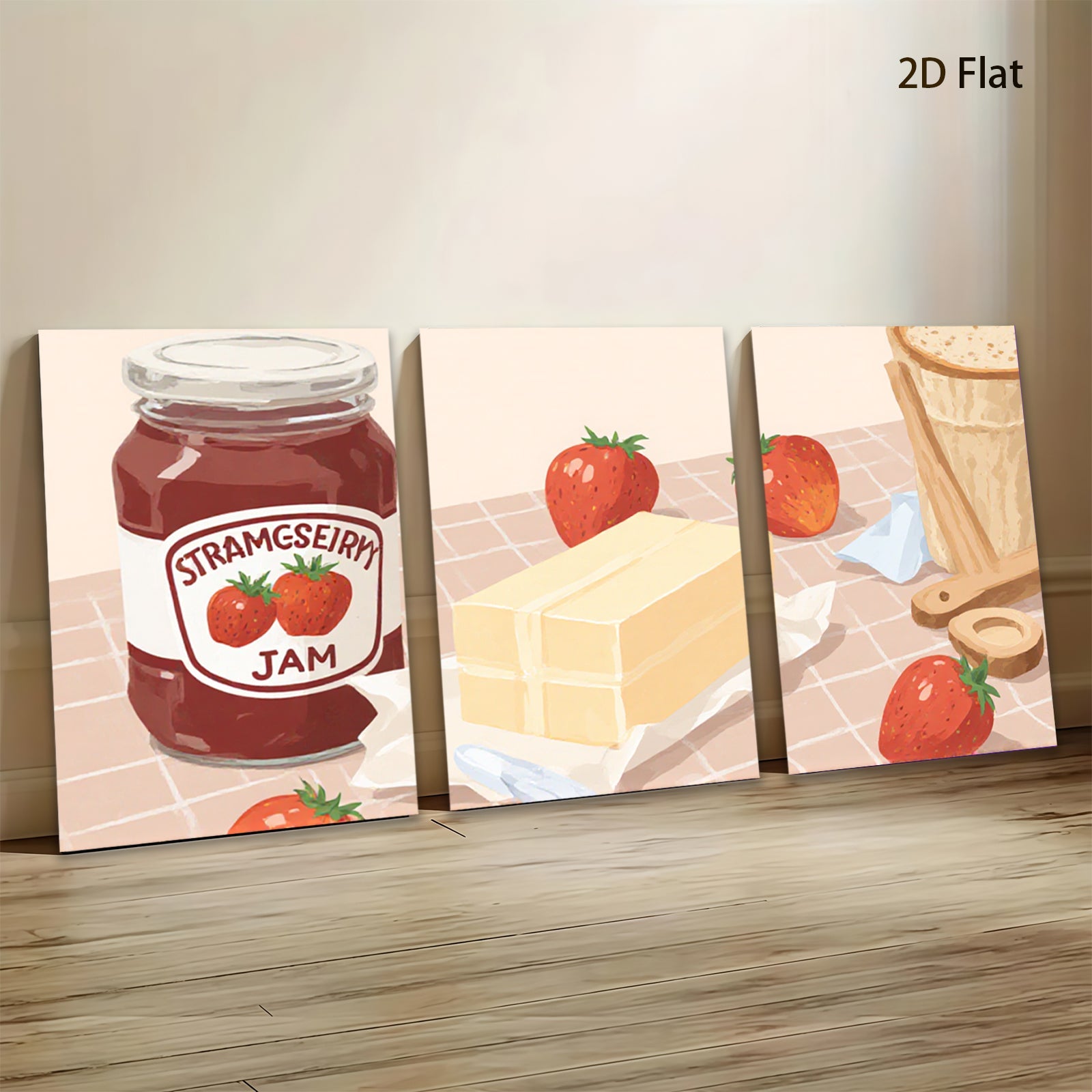 2D flat 1pc Strawberry Jam Kitchen Still Life Wall Art Decor Canvas Print farmhouse style living room bedroom dining room gallery wrapped modern minimalist