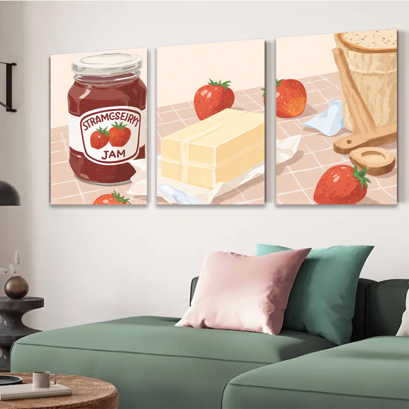 2D flat 1pc Strawberry Jam Kitchen Still Life Wall Art Decor Canvas Print farmhouse style living room bedroom dining room gallery wrapped modern minimalist
