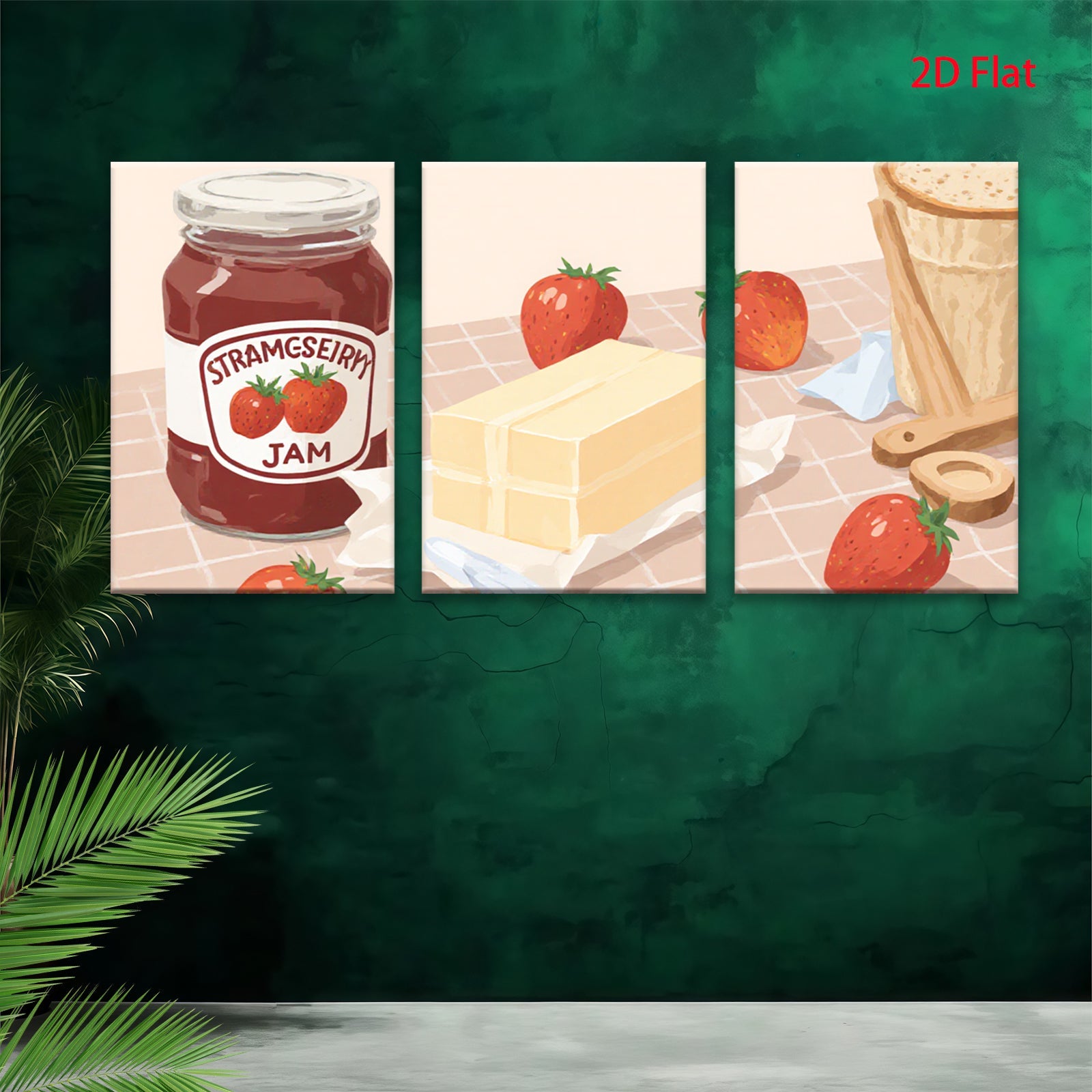 2D flat 1pc Strawberry Jam Kitchen Still Life Wall Art Decor Canvas Print farmhouse style living room bedroom dining room gallery wrapped modern minimalist