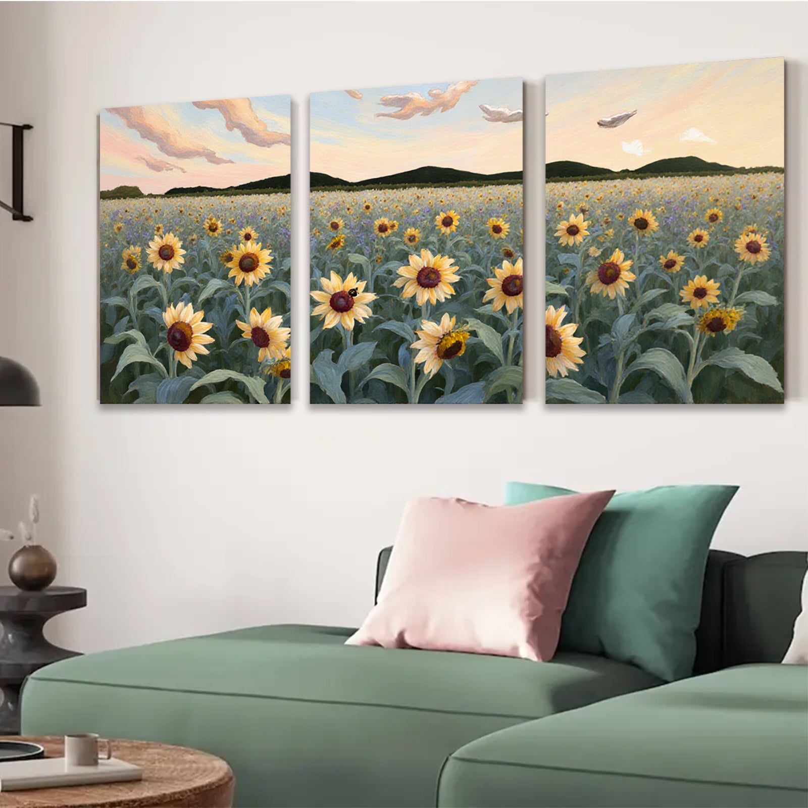 2D flat 1pc Sunflower Field Golden Hour Bliss Farmhouse Wall Decor Living Room Bedroom Modern Art Canvas Prints Ready to Hang Gallery Wrapped
