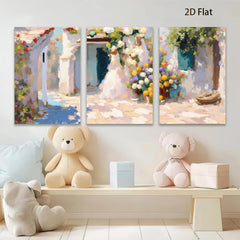 2D flat 1pc Sunlit Floral Courtyard Garden Wall Art for Living Room Bedroom Home Decor Modern Farmhouse Style Gallery Wrapped Canvas Prints