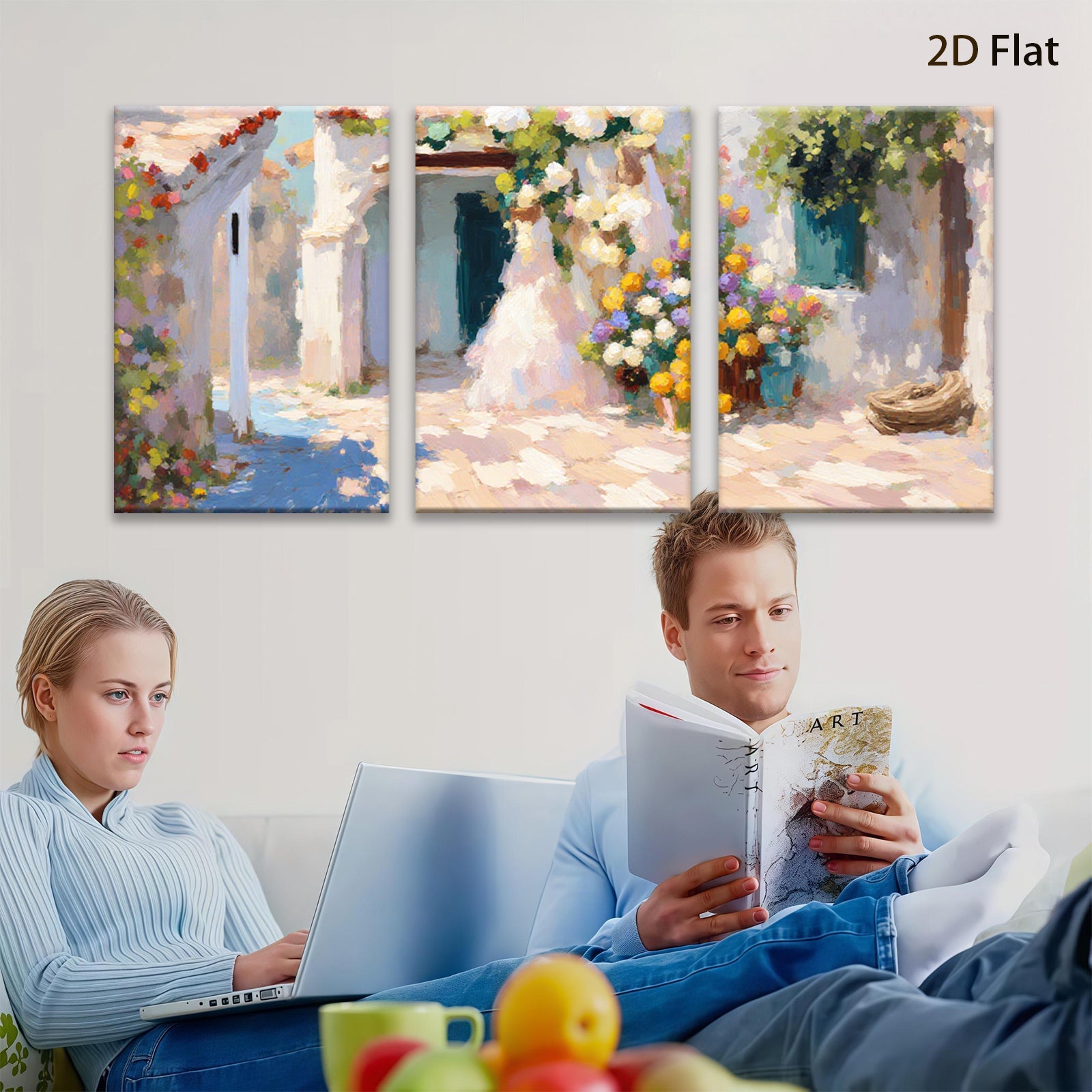 2D flat 1pc Sunlit Floral Courtyard Garden Wall Art for Living Room Bedroom Home Decor Modern Farmhouse Style Gallery Wrapped Canvas Prints