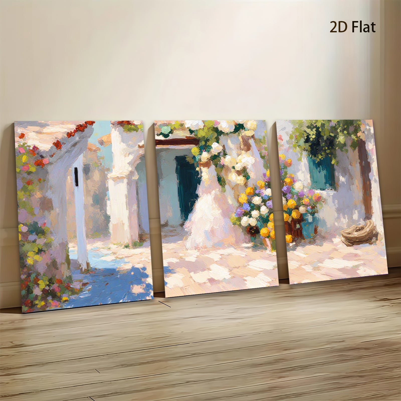 2D flat 1pc Sunlit Floral Courtyard Garden Wall Art for Living Room Bedroom Home Decor Modern Farmhouse Style Gallery Wrapped Canvas Prints