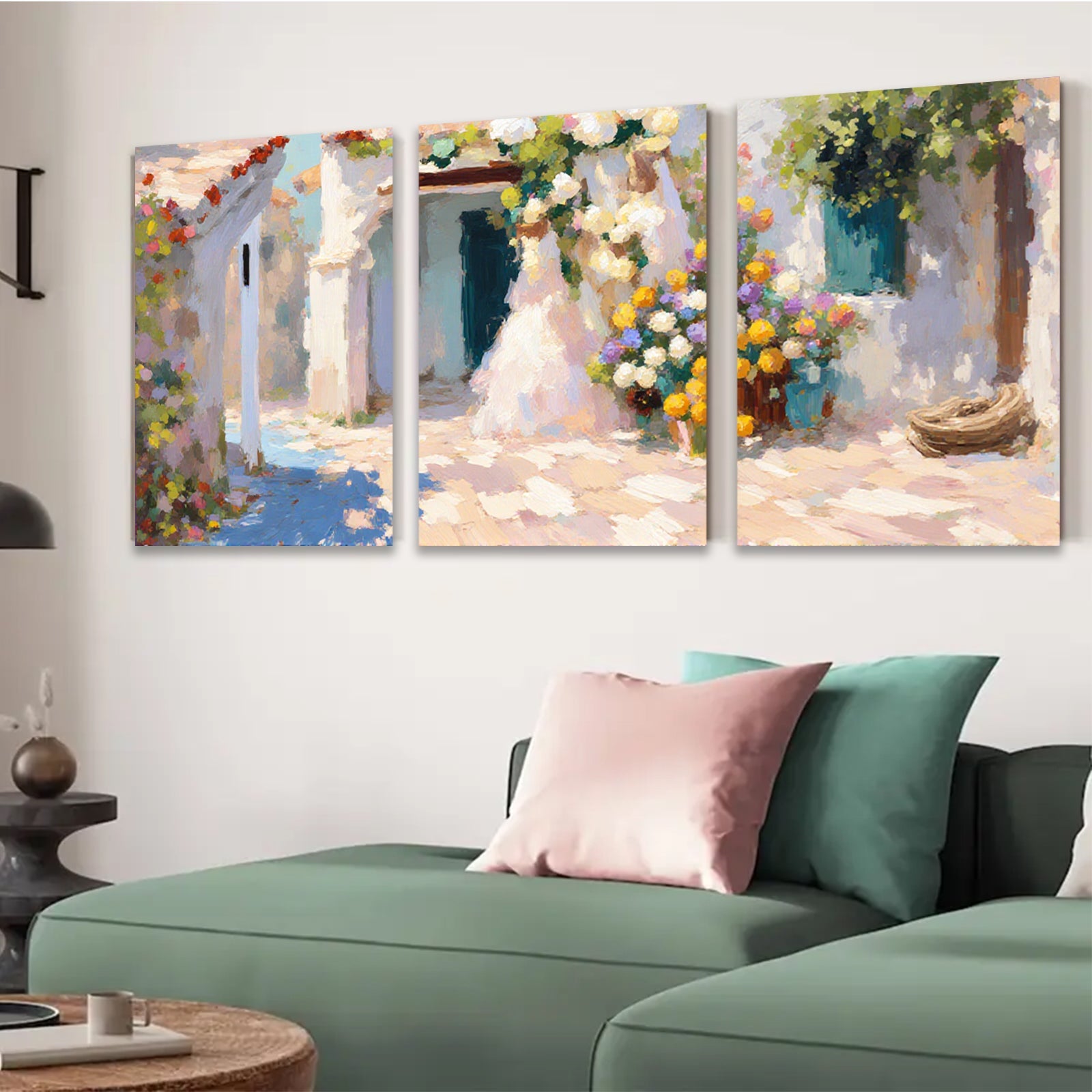 2D flat 1pc Sunlit Floral Courtyard Garden Wall Art for Living Room Bedroom Home Decor Modern Farmhouse Style Gallery Wrapped Canvas Prints