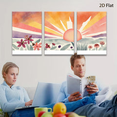 2D flat 1pc Sunrise Floral Meadow Landscape Wall Art for Living Room Bedroom Home Decor Gallery Wrapped Canvas Prints Modern Farmhouse Style