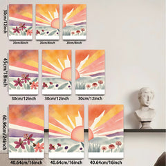 2D flat 1pc Sunrise Floral Meadow Landscape Wall Art for Living Room Bedroom Home Decor Gallery Wrapped Canvas Prints Modern Farmhouse Style