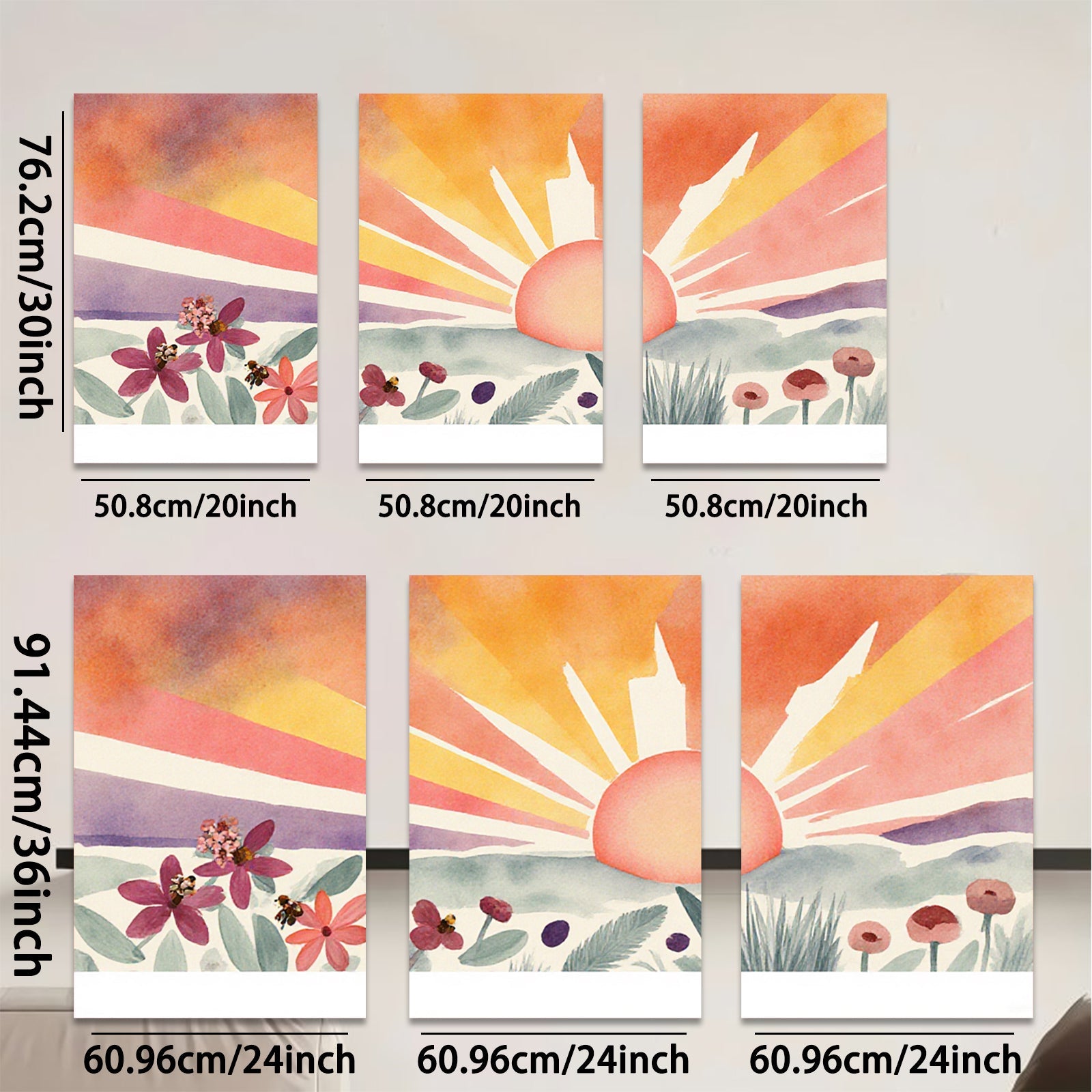 2D flat 1pc Sunrise Floral Meadow Landscape Wall Art for Living Room Bedroom Home Decor Gallery Wrapped Canvas Prints Modern Farmhouse Style