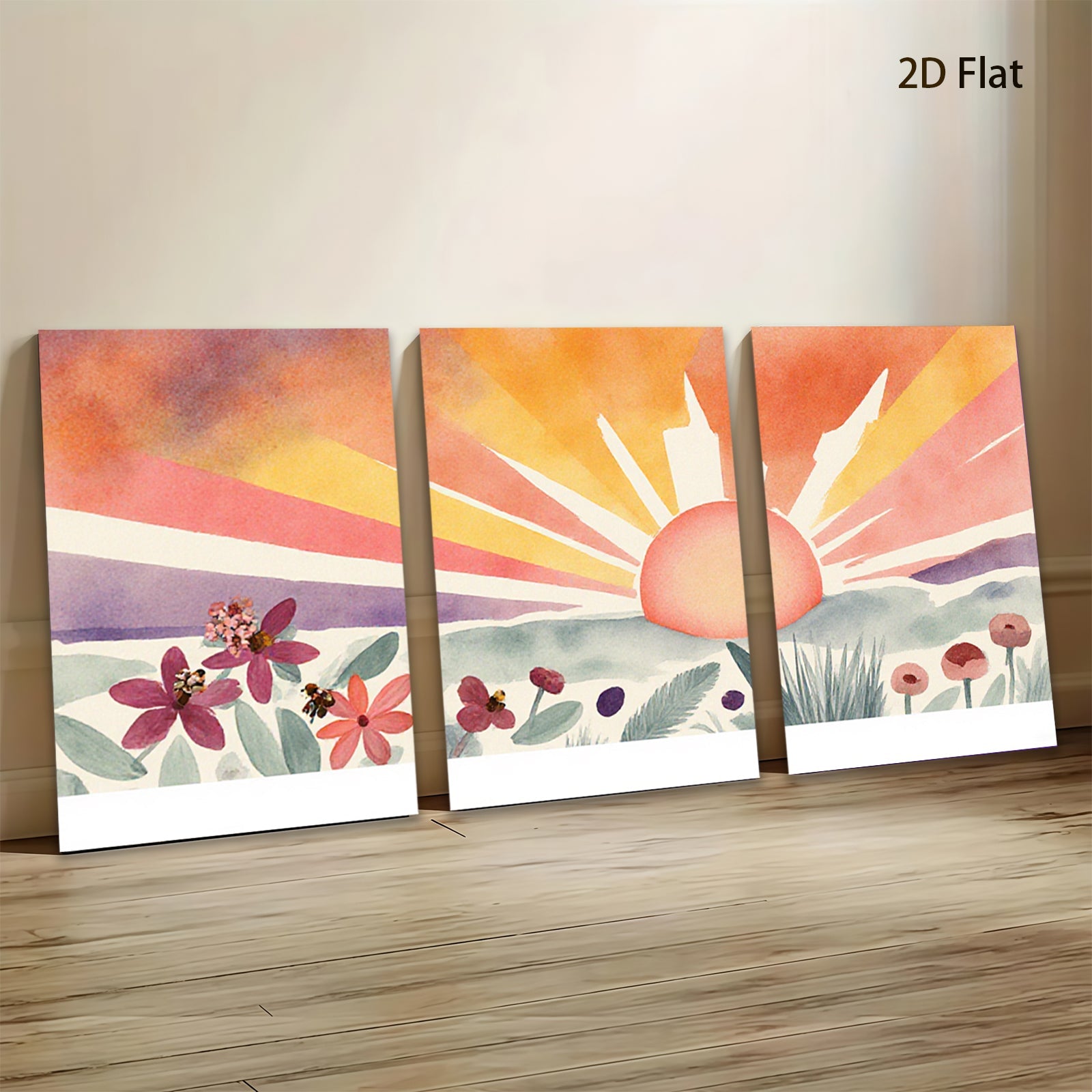 2D flat 1pc Sunrise Floral Meadow Landscape Wall Art for Living Room Bedroom Home Decor Gallery Wrapped Canvas Prints Modern Farmhouse Style