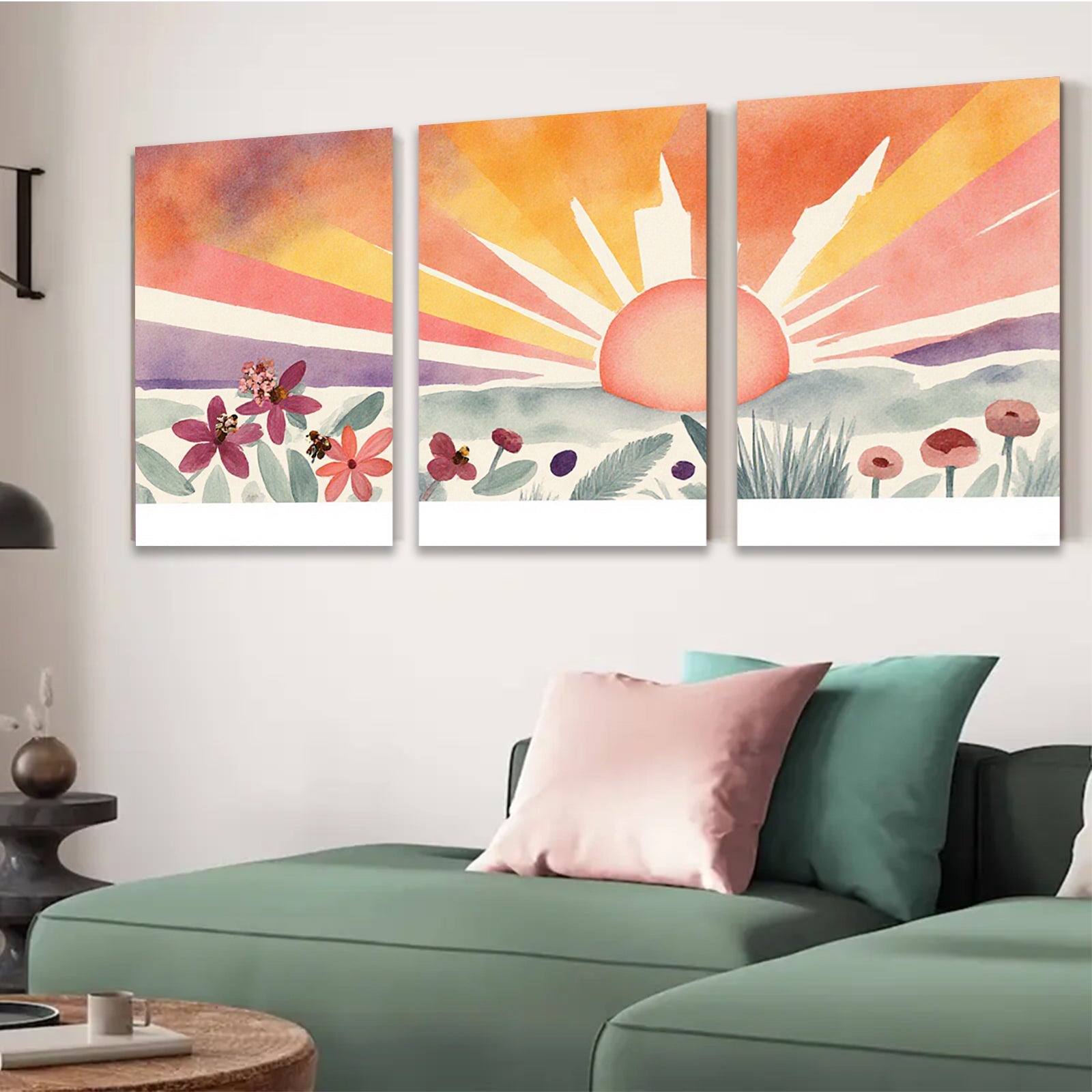 2D flat 1pc Sunrise Floral Meadow Landscape Wall Art for Living Room Bedroom Home Decor Gallery Wrapped Canvas Prints Modern Farmhouse Style