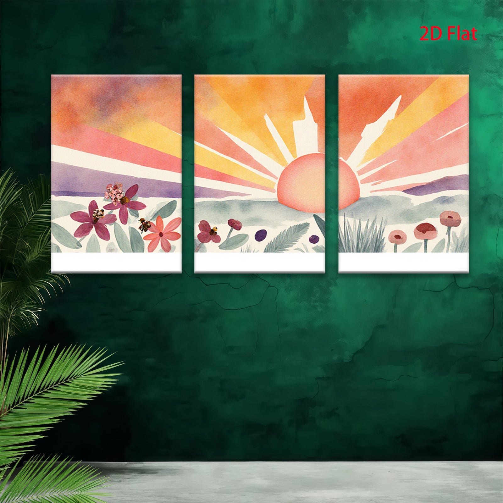 2D flat 1pc Sunrise Floral Meadow Landscape Wall Art for Living Room Bedroom Home Decor Gallery Wrapped Canvas Prints Modern Farmhouse Style