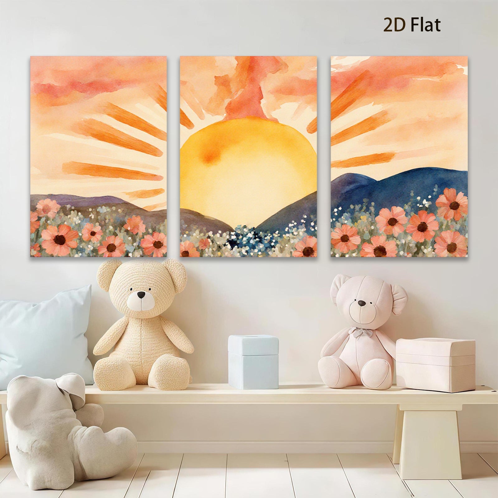 2D flat 1pc Sunrise Mountain Floral Landscape Wall Art Prints for Living Room Bedroom Home Decor Farmhouse Style Gallery Wrapped Canvas Prints