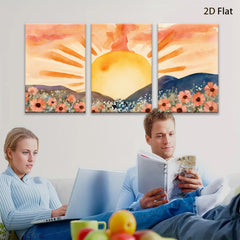 2D flat 1pc Sunrise Mountain Floral Landscape Wall Art Prints for Living Room Bedroom Home Decor Farmhouse Style Gallery Wrapped Canvas Prints