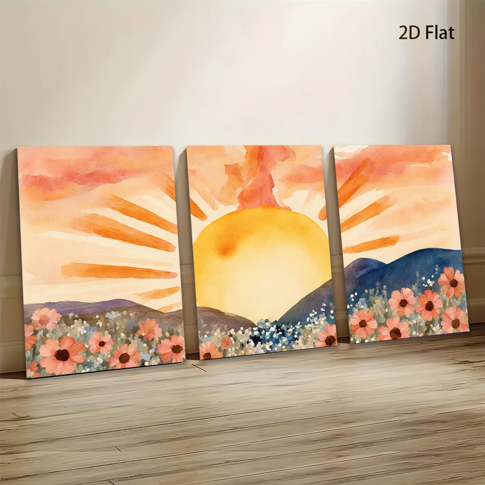2D flat 1pc Sunrise Mountain Floral Landscape Wall Art Prints for Living Room Bedroom Home Decor Farmhouse Style Gallery Wrapped Canvas Prints