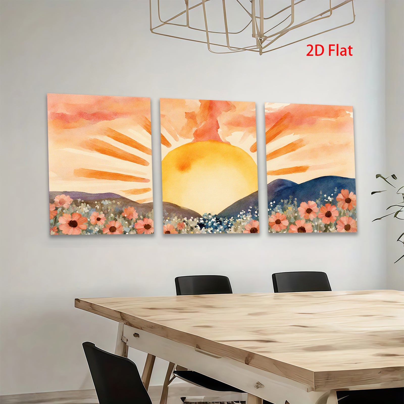 2D flat 1pc Sunrise Mountain Floral Landscape Wall Art Prints for Living Room Bedroom Home Decor Farmhouse Style Gallery Wrapped Canvas Prints