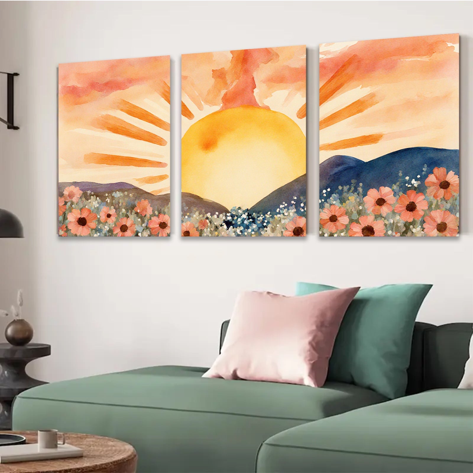 2D flat 1pc Sunrise Mountain Floral Landscape Wall Art Prints for Living Room Bedroom Home Decor Farmhouse Style Gallery Wrapped Canvas Prints