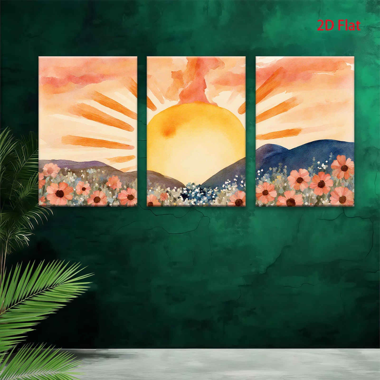 2D flat 1pc Sunrise Mountain Floral Landscape Wall Art Prints for Living Room Bedroom Home Decor Farmhouse Style Gallery Wrapped Canvas Prints