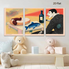 2D flat 1pc Surreal Still Life with Fish Fruit Wine Gallery Wall Art Modern Farmhouse Decor Living Room Bedroom Office