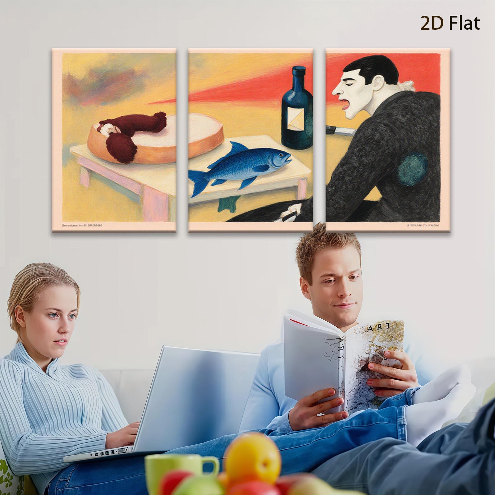 2D flat 1pc Surreal Still Life with Fish Fruit Wine Gallery Wall Art Modern Farmhouse Decor Living Room Bedroom Office